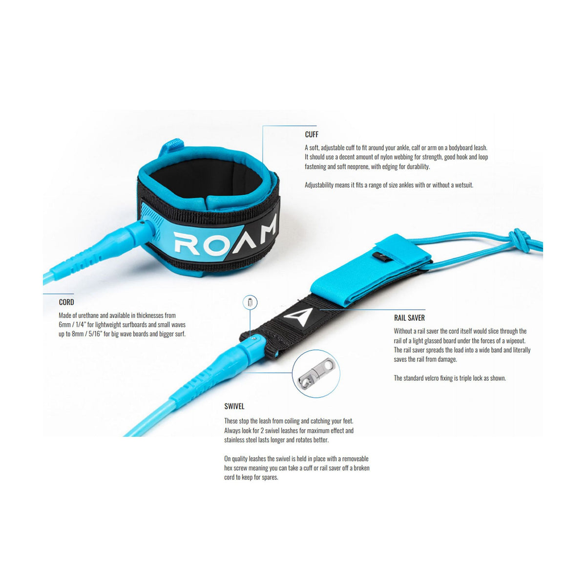 ROAM Surfboard Leash Premium Blue